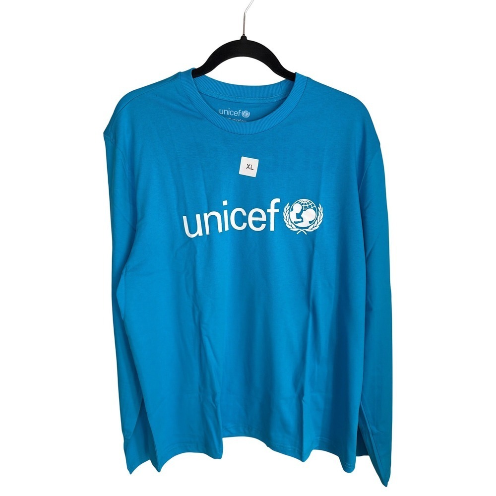 UNICEF Mens Long Sleeve Graphic T-Shirt Blue Cotton XL Logo Print Tee